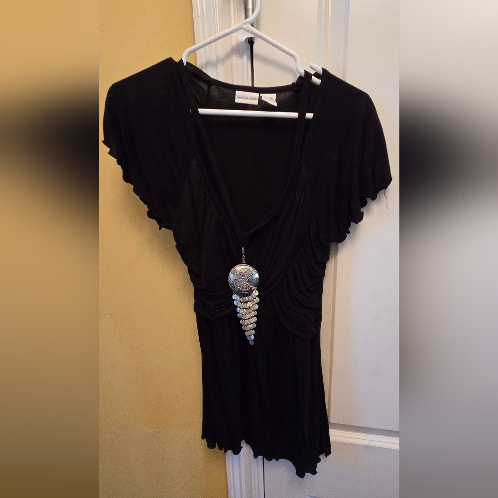 Stunning Newport News Black Ruched Embellished Y2k Top Size Small